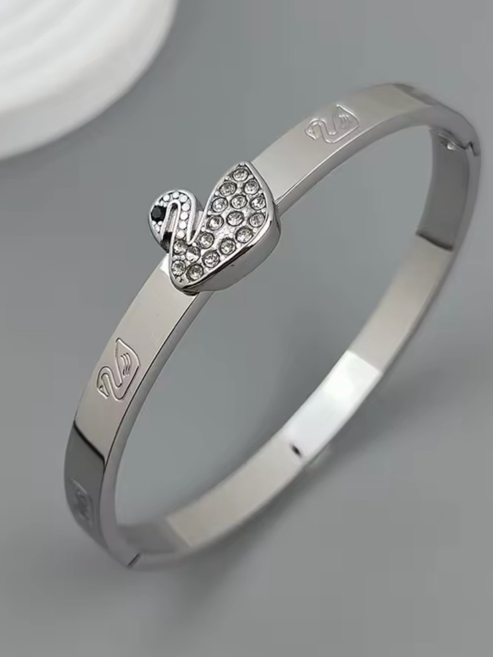 Crystal Swan Silver-Tone Bangle Bracelet